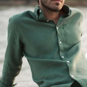 Alex Crane 100% French Linen Playa Button Down Shirt Sz Large L Pine